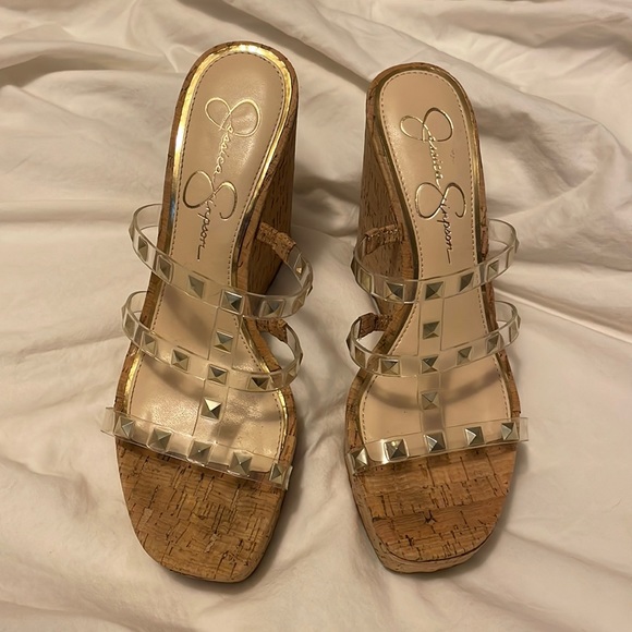 Corked / tan colored wedge, Silver studded, Strappy, 3 inch heels - Picture 1 of 7